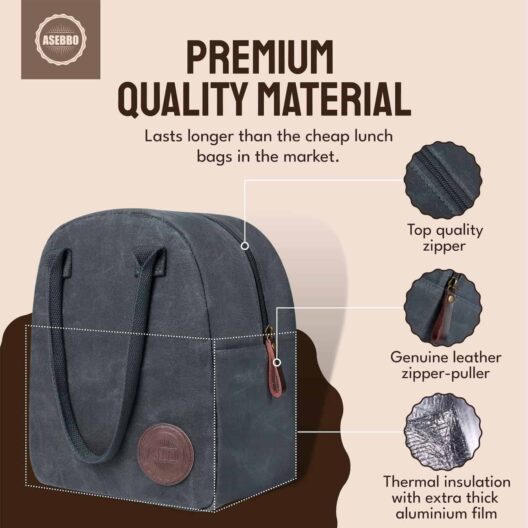 Asebbo Insulated Waxed Canvas Lunch Bag - Elegant Grey