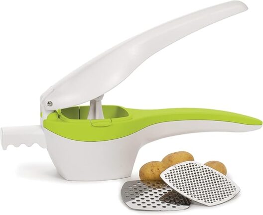 RSVP International (SPUD) Potato Ricer, White/Green | Mash Potatoes, Fruits, Vegetables & More | Includes Medium & Coarse Plates | Pot Resting Extension | Dishwasher Safe - Image 2